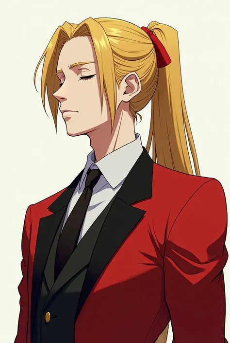 20-year-old man, tall, golden hair, long ponytail, closed eyes, red, big, black suit, bright white skin, animated, calm, cold-blooded 