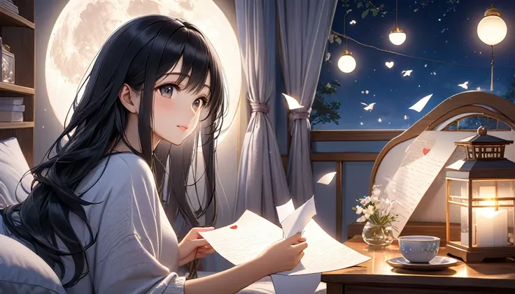 アニメ,A beautiful young Japanese woman with long black hair, dreamily gazing at a love letter, soft moonlight illuminating her face, cozy bedroom setting, romantic and tranquil atmosphere, photorealistic, highly detailed