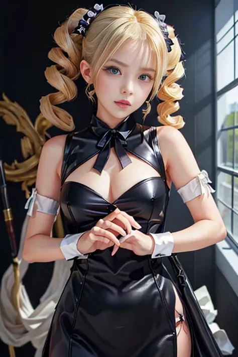 Highest quality　Masterpiece 8k　Super Fine　Beautiful Face Reality　((Super Drill Twin Tail))　Platinum Blonde Hair　Heterochromia iridis　　Glowing Skin　Long, narrow eyes　Thick makeup in Chinese style　thin目　Long eyelashes　expensive　Warleen　　Black game controller...