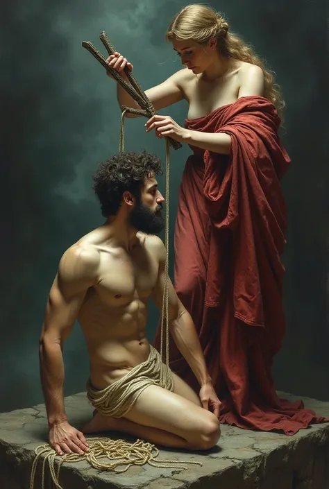 Make a book cover about Eros (Greek God) holding the thread/yarn cutted by Atropos (Greek Goddess)

On top of the book cover is Atropos cutting the thread and on the bottom part is Eros on his knees holding the cutted yarn/thread 