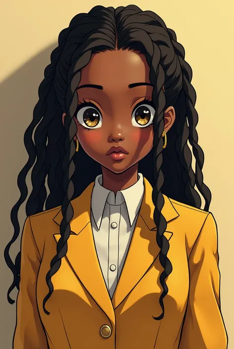 Black anime girl with locs and wearing a gold high school uniform with earrings