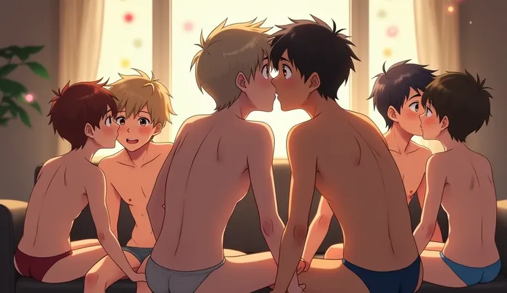 Boys of different skin tones and hair colors are at a birthday party, they are all just wearing short thongs that show their ass, some are kissing, there is a sofa and in the background where there are four boys kissing, others are having fun, the image ha...