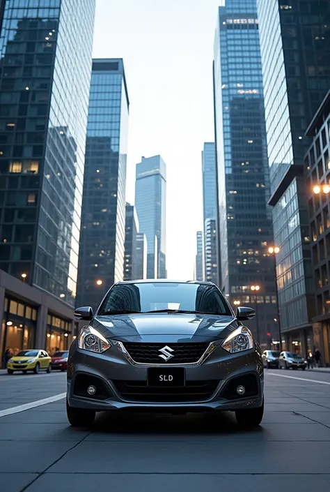 Suzuki Baleno behind skyscraper 