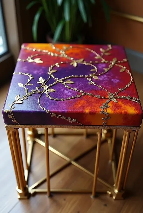 Small square table, ideal for serving coffee, completely covered with a layer of Decostucco material in shades of violet, purple, bright red, and warm yellow.. The surface is decorated with delicate gold leaves intertwined like veins, with a randomly place...