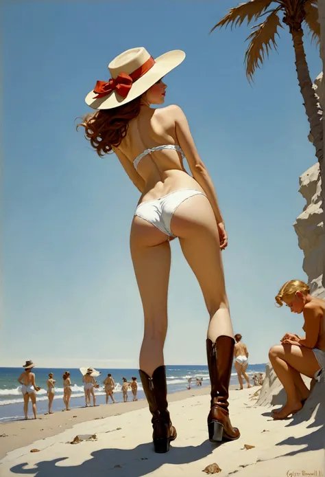 a girl in topless in asmall white panties little boots seen from behind on the beach view down below wide angle in the style of Gigi Cavenago and Jeffrey Jones and Albert Beck Wenzell and norman rockwell