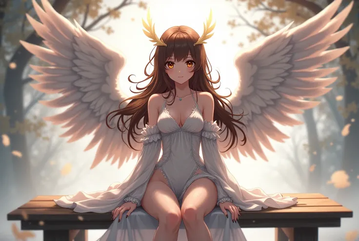 there is a woman sitting on a bench with an angel wings on her head, (hair swept bangs:1.3), (brown hair:1.3), anime style, from girls frontline, fine details. girls frontline, girls frontline universe, girls frontline style, girls frontline, girls frontli...