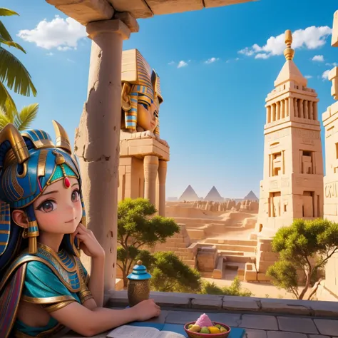 cute ancient Egyptian、A hill overlooking the colorful temples of ancient Egypt、A colorful view of the whole city