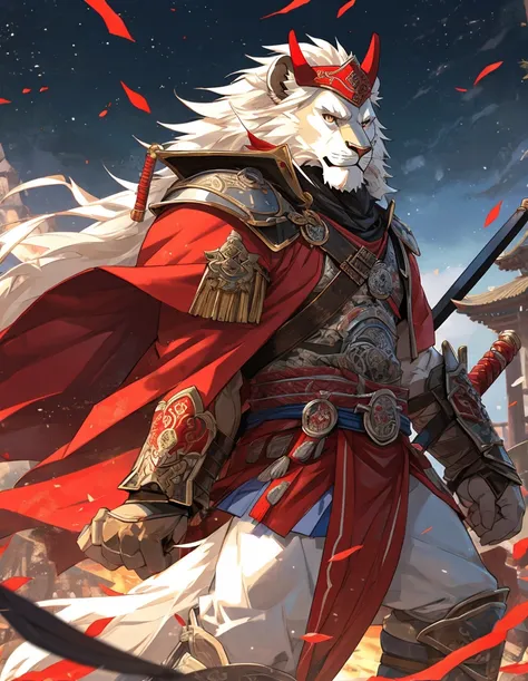 brave, great and noble lion samurai warrior,(whole body white fur), wearing very detailed red samurai armor,he wears a red mask ...