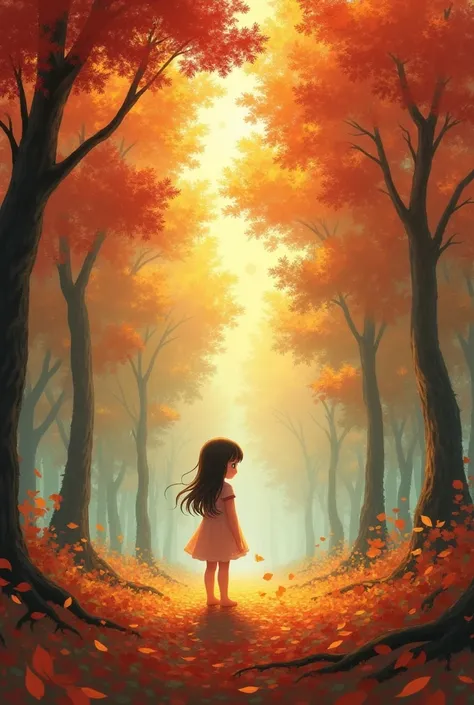  girl standing in the distance，Realistic style，Autumn forest