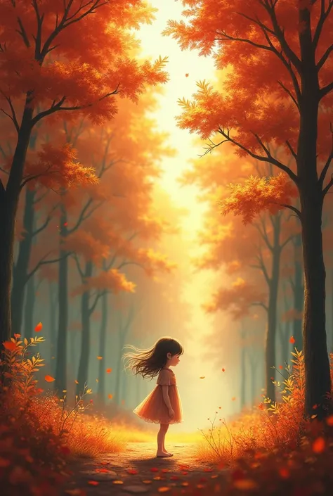  girl standing in the distance，Realistic style，Autumn forest