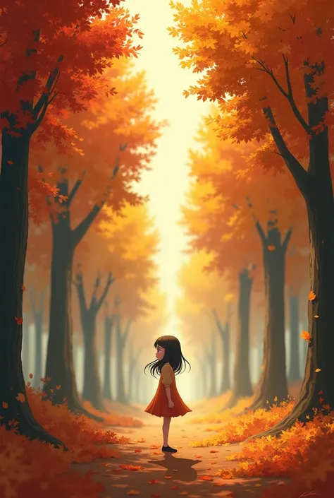  girl standing in the distance，Realistic style，Autumn forest