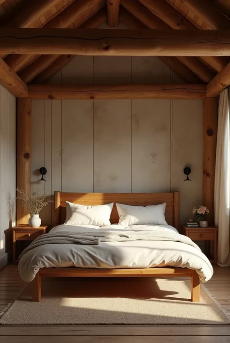 A bed is placed right under a large beam.