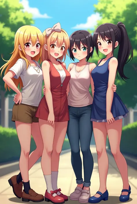  4 women are outside (1 person with long blonde hair with a little bit of red) (1 the tallest person among them has black hair in a ponytail) (one person with short black hair shoulder length and bangs). (full body photo)they face the camera while posing h...