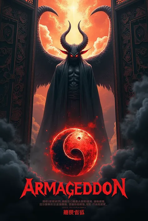 Logotype, movie tittle, said "genesis no armageddon", show the japanese translation bellow the title "The Origin of Armageddon", is a japanese fantasy adventure logo, demon behind, ying-yang behind, hells vs heaven doors behind