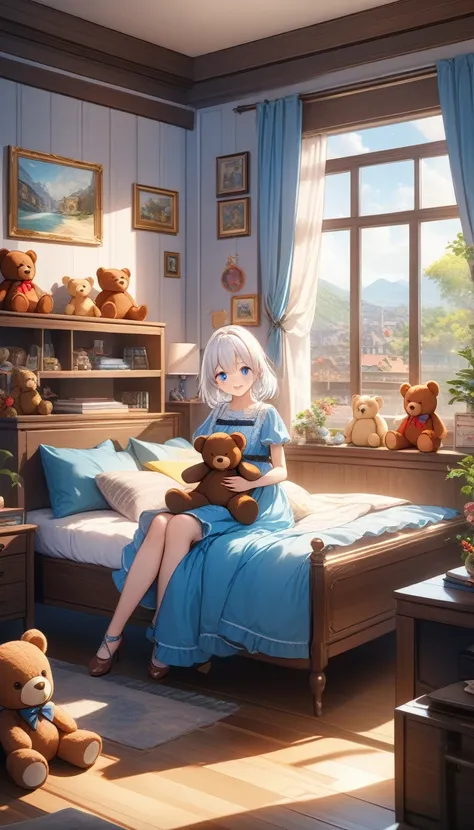 ((One girl)), White Hair, Blue eyes, Cute Dress, Having a teddy bear, Cute teddy bear, Lots of teddy bears,  Moving happily, Cute room, ((32K)), ((best quality)), ((ultra high res)), ((HDR)), ((uhd)), ((extremely detailed CG)), ((unity 32K wallpaper)), (((...