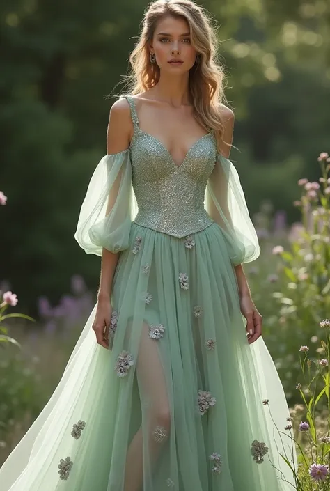 A sage green tulle wedding dress with glitter and dusty purple accents like flowers and leaves with long tulle sleeves that are slightly poofy and a sparkley corset