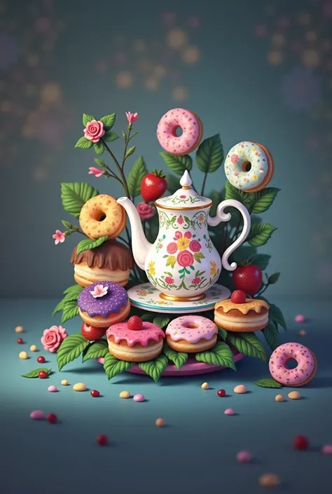 A teapot surrounded by cakes and berries is decorated with flowers and donuts in colorful glaze