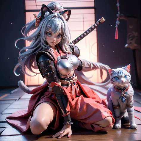 Moisturized Skin, (blue eyes), Realistic body, (Adult female body), Energetic, 3DCG, front, Pink lipstick, (Silver Hair), ((Cat ear)), Beautiful Hair, Long Hair, ponytail, Open the chest, (((Samurai Armor: 1.4))), ((masterpiece + Highest quality + High res...