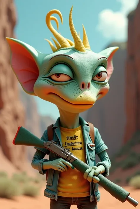 3D caricature, strange, his lips are bright yellow, his skin is scaly, his front shirt has the words "trendy counter" he is carrying a cute rifle, smiling sweetly at the camera and blinking his beautiful eyes, with a steep cliff in the background