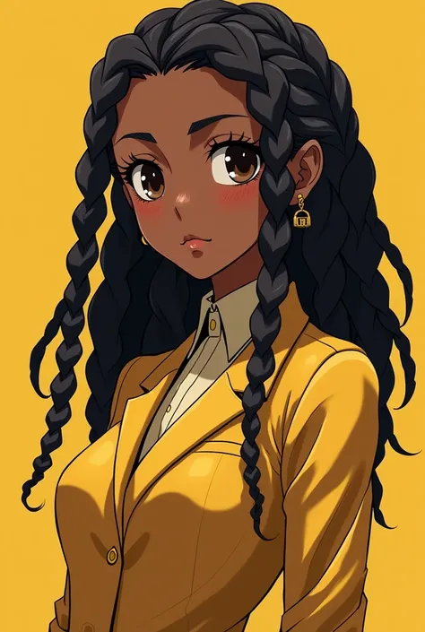 Black anime girl with locs and wearing a gold high school uniform with earrings