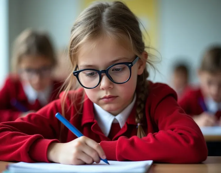 Developing cultural and intellectual skills, education according to the curricula prescribed for students ,  receiving information in the classroom, a close-up picture of a swedish  student with glases wearing a  red uniform  sitting on a school desk, perf...