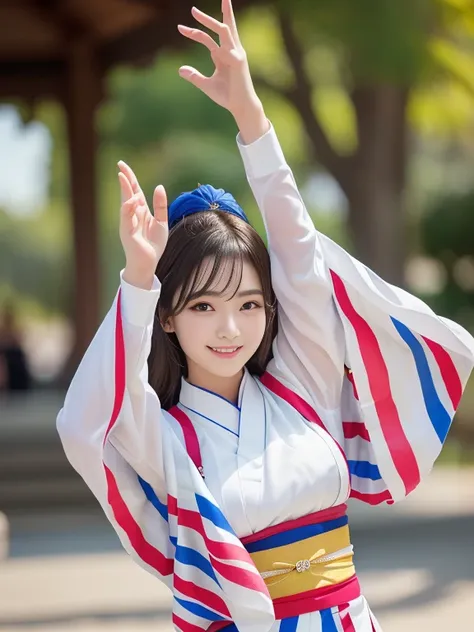 photo-realistic quality、a 20-year-old japanese woman dancing the awa odori dance、traditional bon odori costumes based on white, ...