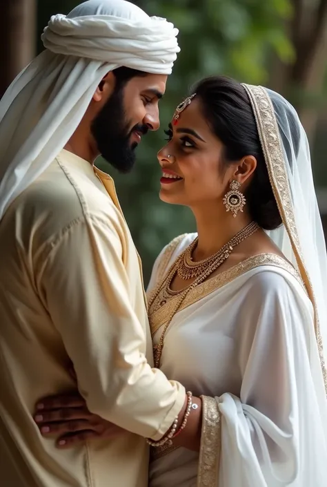  a tall traditionally dressed Arab muslim man
making fucking a beautiful and chubby 30 year old hindu mom from Kerala wearing white saree, decorated with bindi and jewelrys 