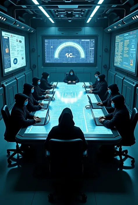 In  a hi-tech room . In which room is full of technology where a large screen table and its four side has minimum 8 black hat Hackers . In very high quality  clear image 