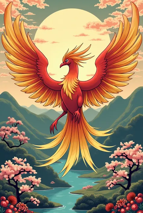 pokemon ho-oh in ukiyo-e style, vibrant color, colorful