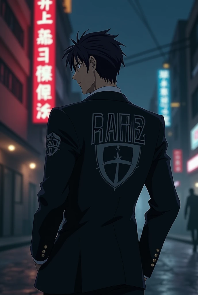 Anime mafia wearing a jacket that says ransz