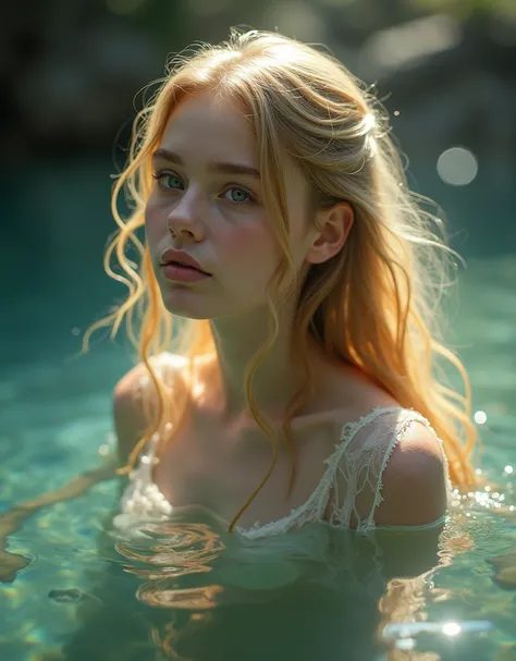 a girl with long blonde hair is in the water, beautiful fantasy art portrait, very beautiful fantasy art, by Charlie Bowater, carlos ortega elizalde, beautiful fantasy portrait, beautiful render of a fairytale, by Anna Katharina Block, fairytale artwork, r...