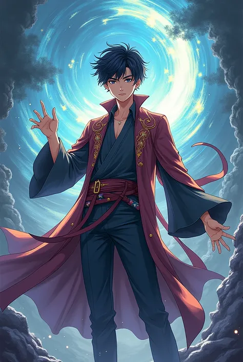 Anime style full body male late 20s asian small waist wizard