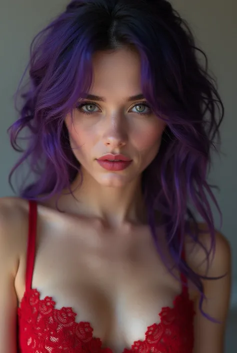 french woman, wearing sensual blue and red lace lingerie,with a bra, with purple hair, with sensual look, 