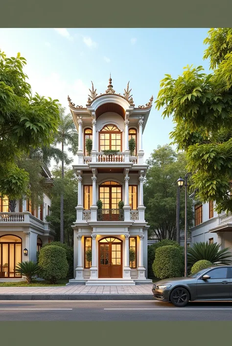 masterpiece, 4k pixels, High quality, Best quality, Realistic, Super detailed, Outdoors, 3 story villa, white wall, road, sidewalk, trees, Sky, clouds, (light daytime:1.1), Increase image clarity, Classic style, Indochina style townhouse,render(corona:1.1)