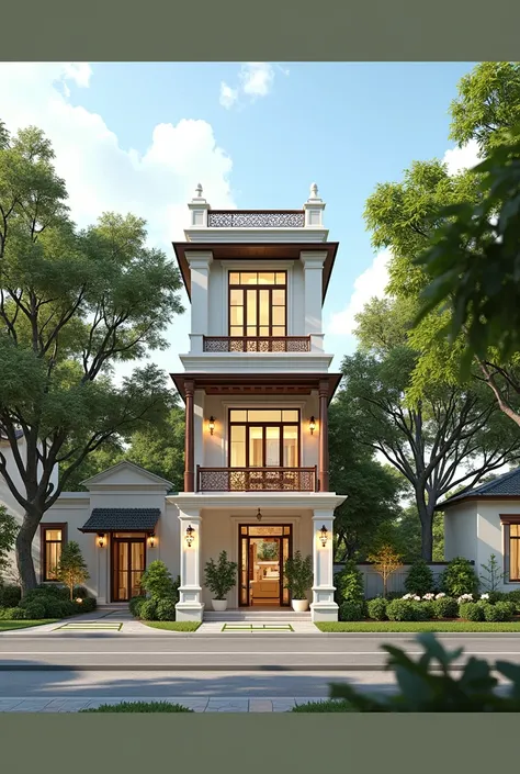 masterpiece, 4k pixels, High quality, Best quality, Realistic, Super detailed, Outdoors, 3 story villa, white wall, road, sidewalk, trees, Sky, clouds, (light daytime:1.1), Increase image clarity, Classic style, Indochina style townhouse,render(corona:1.1)