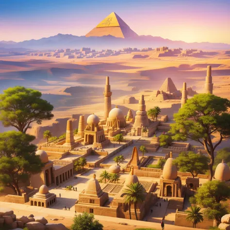 cute ancient egyptian、a hill overlooking the colorful temples of ancient egypt、a colorful view of the whole city