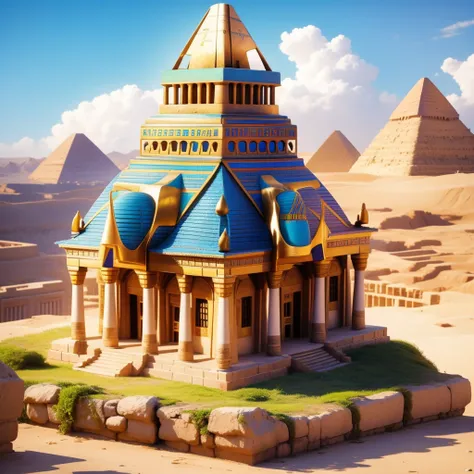 cute ancient egyptian、a hill overlooking the colorful temples of ancient egypt、a colorful view of the whole city