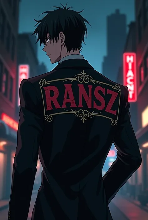 Anime mafia wearing a jacket that says ransz