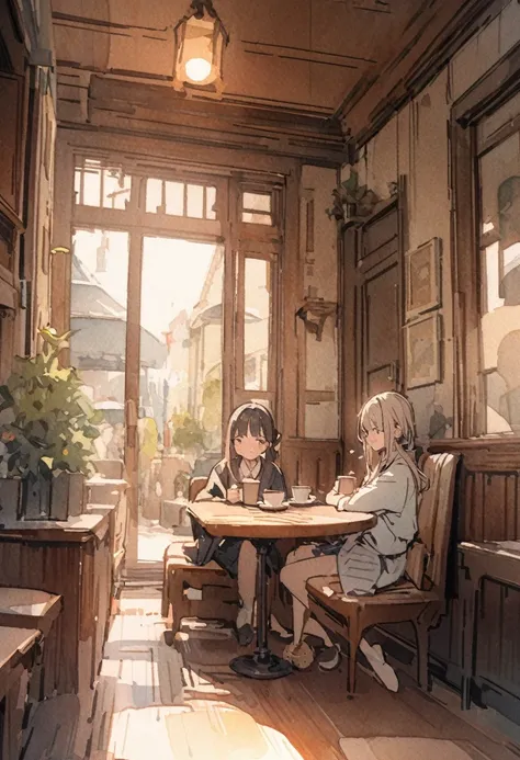 masterpiece,最high quality,Very detailed,High resolution backgrounds,8k,there is nothing,high quality,break,japanese manga style, sketch, Watercolor Colors,Cafe with a nice atmosphere,antique interior,Stylish interior,juvenile,slowly,relax,coffee, 