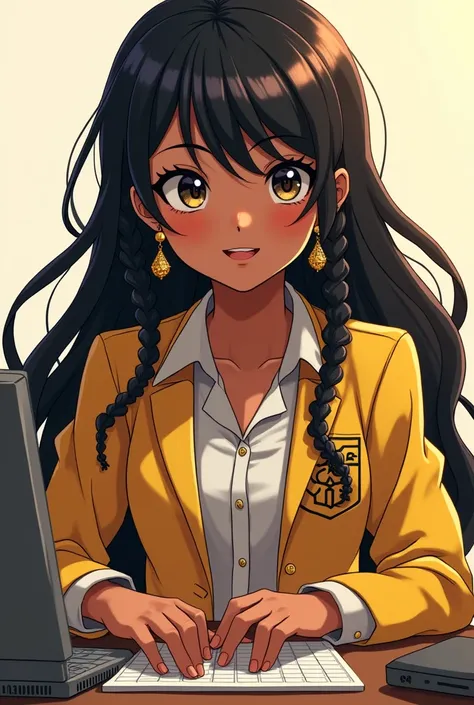 Black anime girl with locs and wearing a gold high school uniform with earrings using body gestures on computer￼