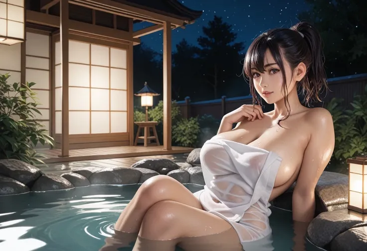 Japanese hot springs、night、闇night、Super big breasts、Naked towel、Wet Hair、Wet body、Taking a bath in a hot spring、Shyness、Cover your body with your hands、Sheer towel、ponytail、Japanese Bath