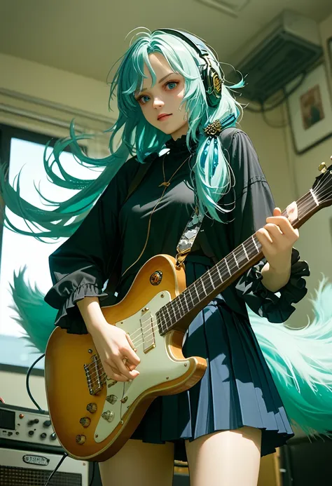 ((masterpiece, best quality))1 girl, one, black dress, blue eyes, electric guitar, guitar, headphones, double tail, holding, hol...