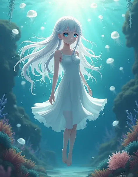 (Tabletop), (Highest quality), Very detailed, 1 girl, Solo full body shot, Perfect Face, Anime Beautiful, Very detailed顔，(Long white hair:1.5)，(blue eyes:1.4)，(Floating Hair:1.4)，(Underwater:1.4)，seabed，Angel T，Forms，jellyfish，Seaweed，Coral Reef，sink