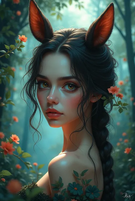 ((masterpiece, best quality)), ((1girl)), horse ears, portrait, beautiful detailed eyes, beautiful detailed lips, extremely detailed face and features, intricate hairstyle, fantasy forest background, magical atmosphere, vibrant color palette, dramatic ligh...