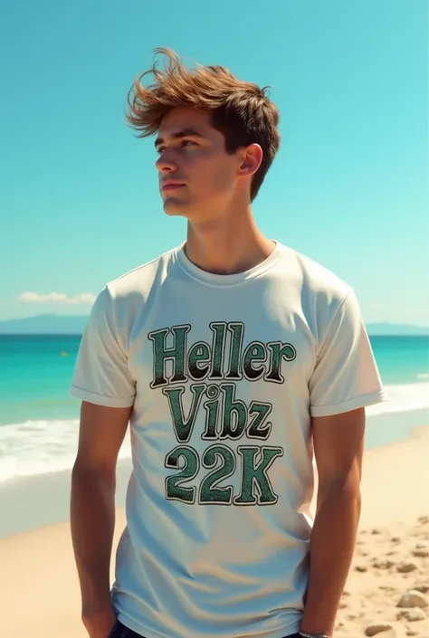 A young man standing on the beach with the name HELLER VIBZ 22K on the shirt 