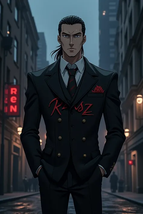 Anime mafia boss wearing a jacket with ransz written on it