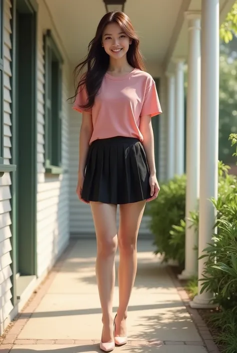 Photorealistic, young Asian woman, long brunette hair, wearing tight pink t-shirt, wearing black pleated cotton miniskirt, wearing soft pink high heels, smiling brightly, standing on front porch of a house, viewed from the front