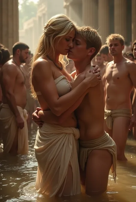 ancient greek slave, mother and son, beautiful ancient greek blonde woman with slightly plump body (55 yo), young teen blonde skinny boy (18 yo). the boy hug her from behind, surrounded by a lot people. a dramatic scene about forbidden ritual in the ancien...