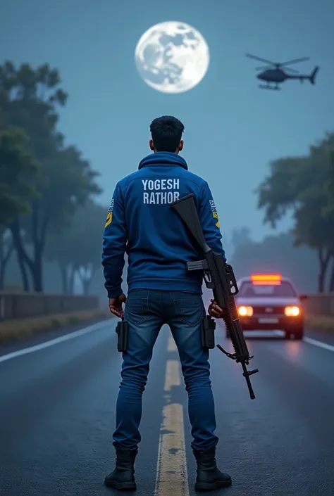 Make a hyper Realistic image a 1  stand on the road, the character wearing blue jaket and jeans pent , yogesh rathor name on the jaket, moon in the sky, the background is a pubg, car on the road, helicopter in the sky, the character holding m416 gum, and b...