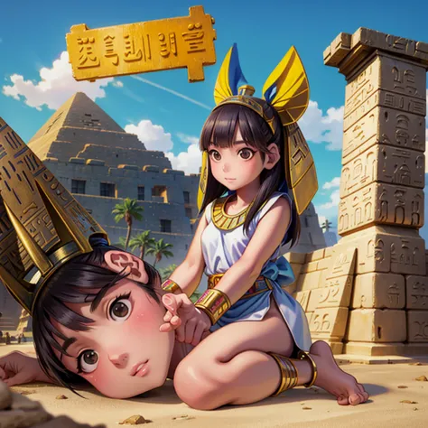 cute ancient Egyptian、A hill overlooking the colorful temples of ancient Egypt、A colorful view of the whole city、I see the Sphinx